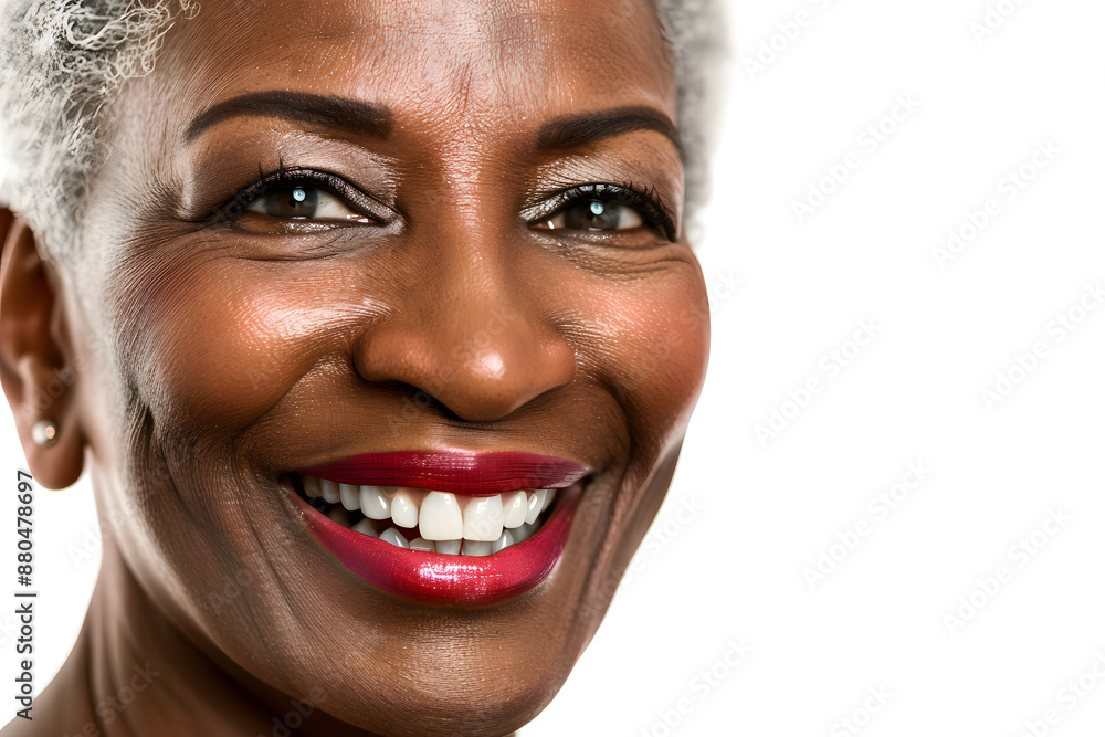 Closeup photo portrait of a happy beautiful elderly mature African woman smiling isolated on white background Closeup photo portrait of a happy beautiful elderly mature African woman smiling isolated on white background
