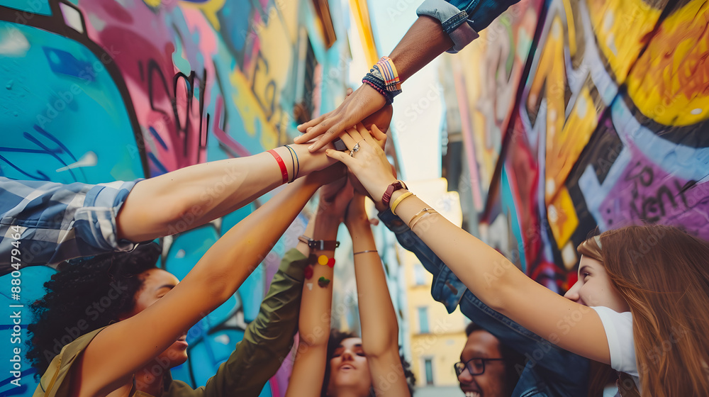 Fototapeta premium An urban setting where young adults from diverse backgrounds stack hands at a graffiti-covered wall, symbolizing unity in diversity. Their casual, trendy outfits reflect individual styles.