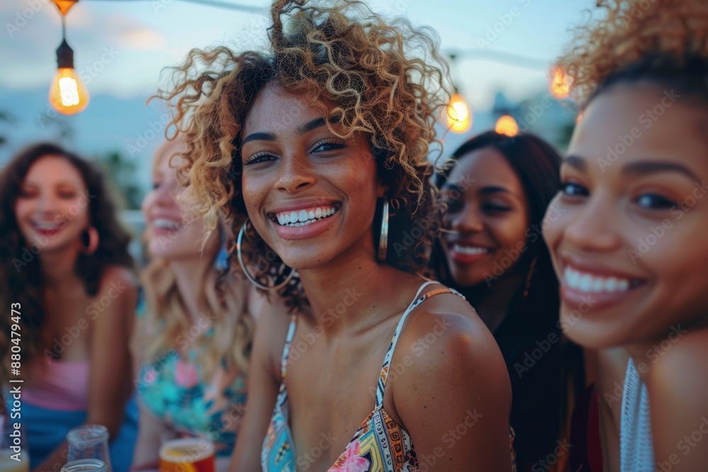 Three friends enjoying drinks at an outdoor party during sunset. Three friends enjoying drinks at an outdoor party during sunset.