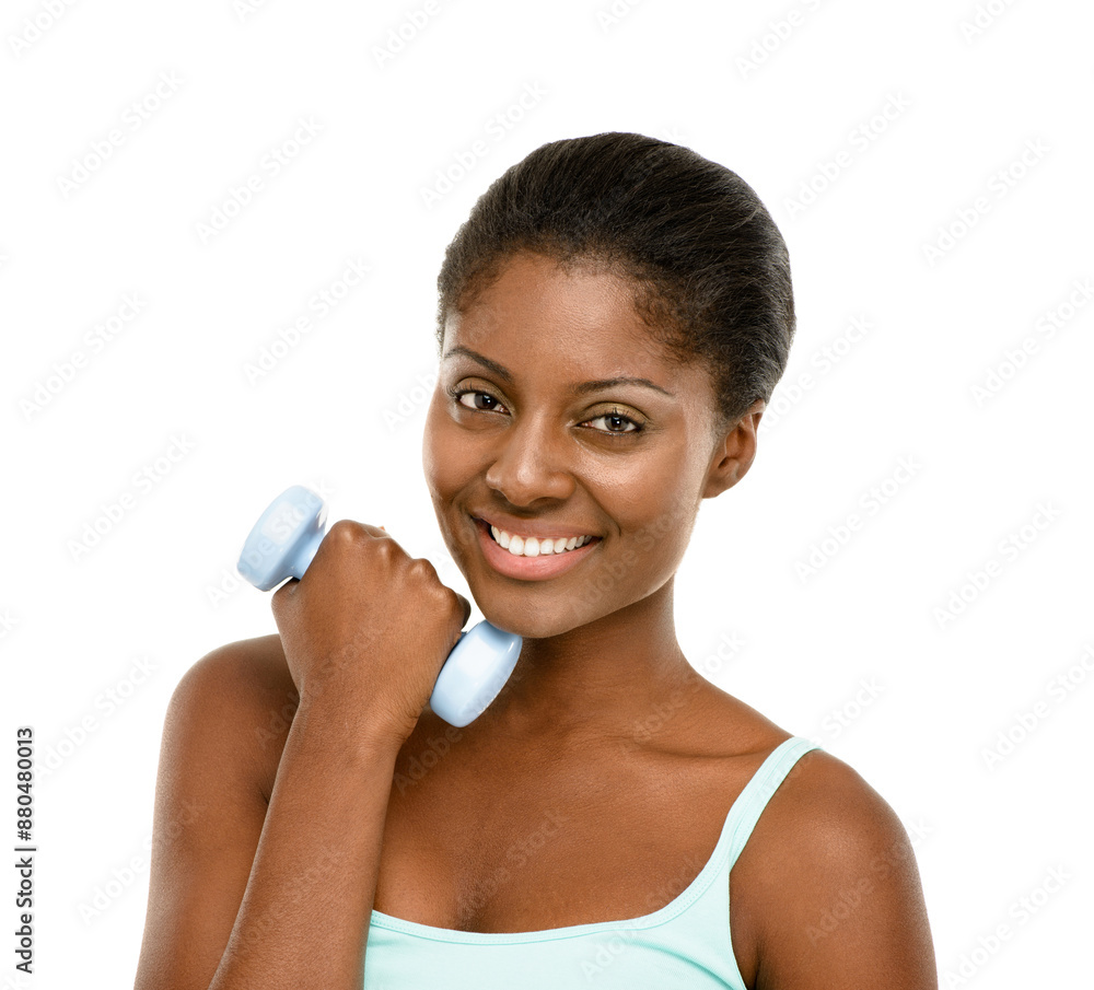 Black woman, dumbbell and workout in studio portrait for smile, weightlifting or muscle growth. Girl, person and happy for exercise, training or fitness challenge by white background at health club Black woman, dumbbell and workout in studio portrait for smile, weightlifting or muscle growth. Girl, person and happy for exercise, training or fitness challenge by white background at health club