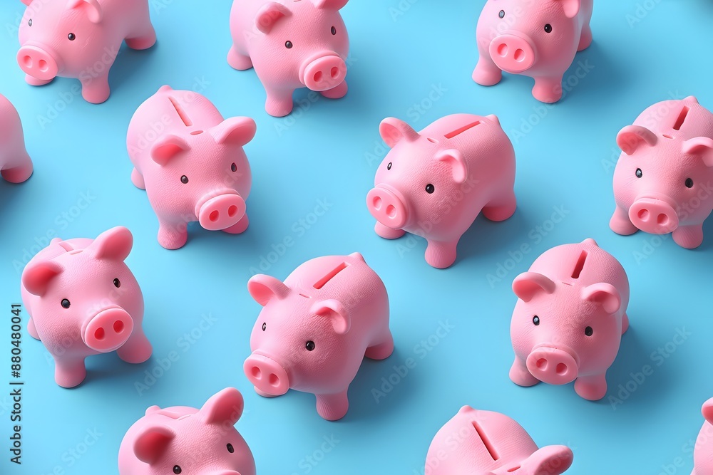 Adorable Pink Piggy Banks Arranged on a Blue Background Adorable Pink Piggy Banks Arranged on a Blue Background