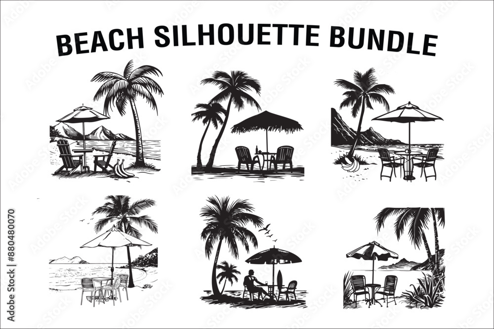 Obraz premium Beach Landscape Silhouette vector with plam tree. umbralla on white color background. Beach silhouette Vector. 