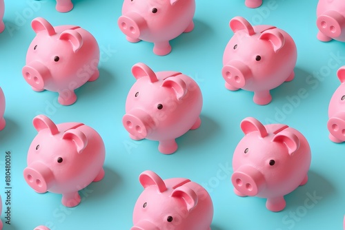 Pattern of Pink Piggy Banks on a Blue Background