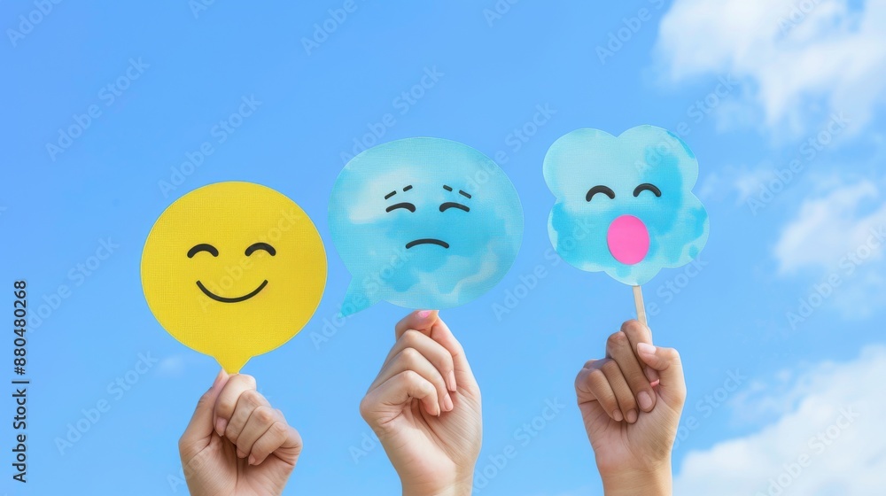 The customer shows a rating with a happy icon on the sky background, the concept of a customer satisfaction survey, and a copy space is provided. The customer shows a rating with a happy icon on the sky background, the concept of a customer satisfaction survey, and a copy space is provided.
