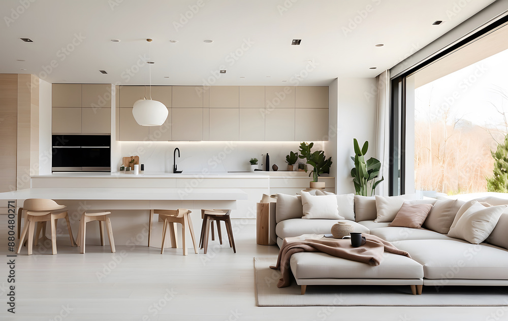 Fototapeta premium Modern Living Room Design, Beautiful Apartment Sofa, Chair, Dining Table & Wall Mockup