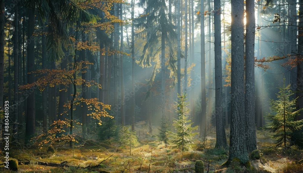 Fototapeta premium Serene Forest Scene with Sunlight Filtering Through Lush Greenery