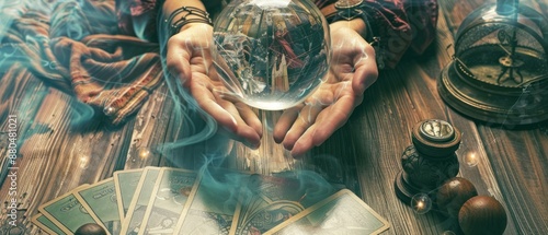 Mystical Hands Holding Crystal Ball Surrounded by Tarot Cards and Divination Tools on Table.