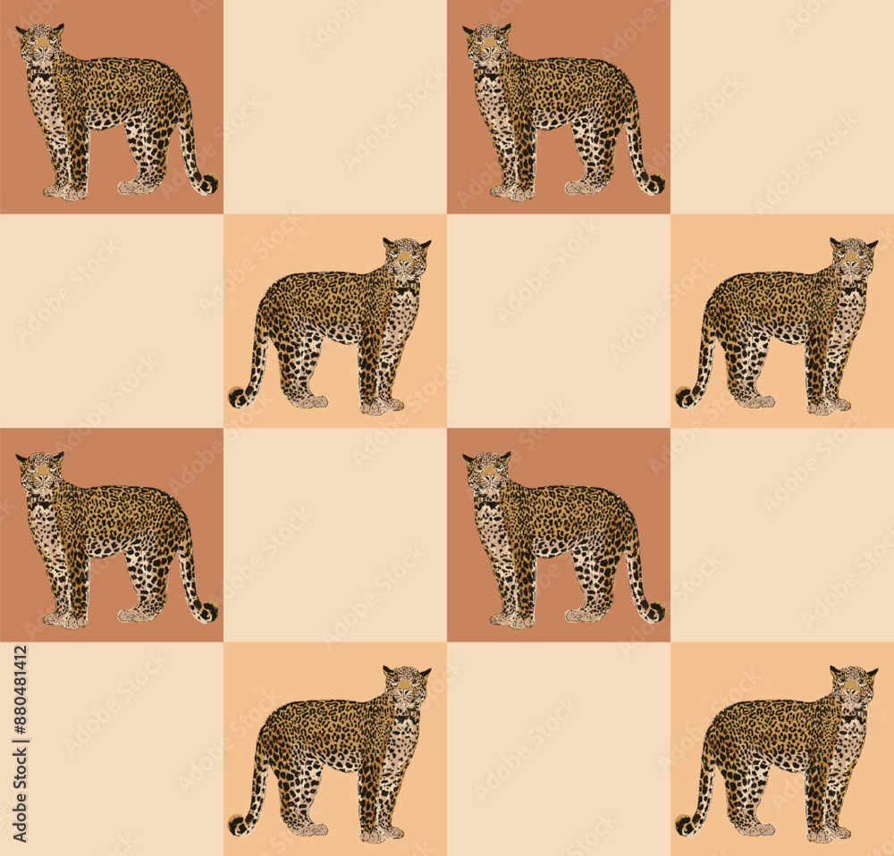 Obraz premium Abstract Hand Drawing Checkered Retro Leopard Seamless Vector Pattern Isolated Background