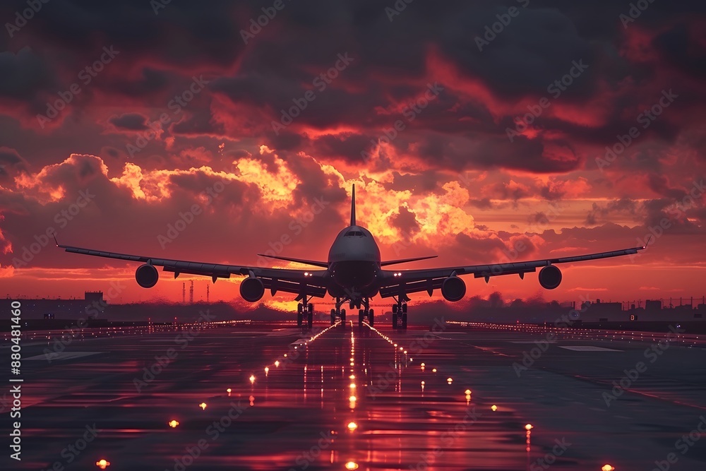 Majestic Airplane on Runway at Sunset Majestic Airplane on Runway at Sunset