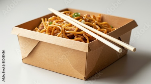 Noodles in a Paper Box with Chopsticks