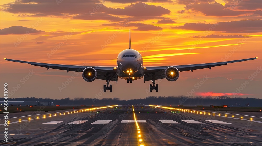 Fototapeta premium Airplane landing on a runway at sunset with a dramatic sky. Aviation and travel concept.