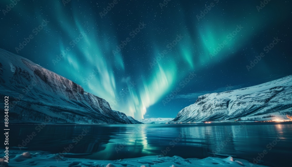 Naklejka premium Spectacular Northern Lights Over a Snow-Covered Mountain Range