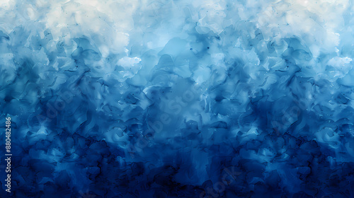 Abstract blue and white watercolor painting with fluid, cloud-like patterns creating a serene and calming atmosphere.