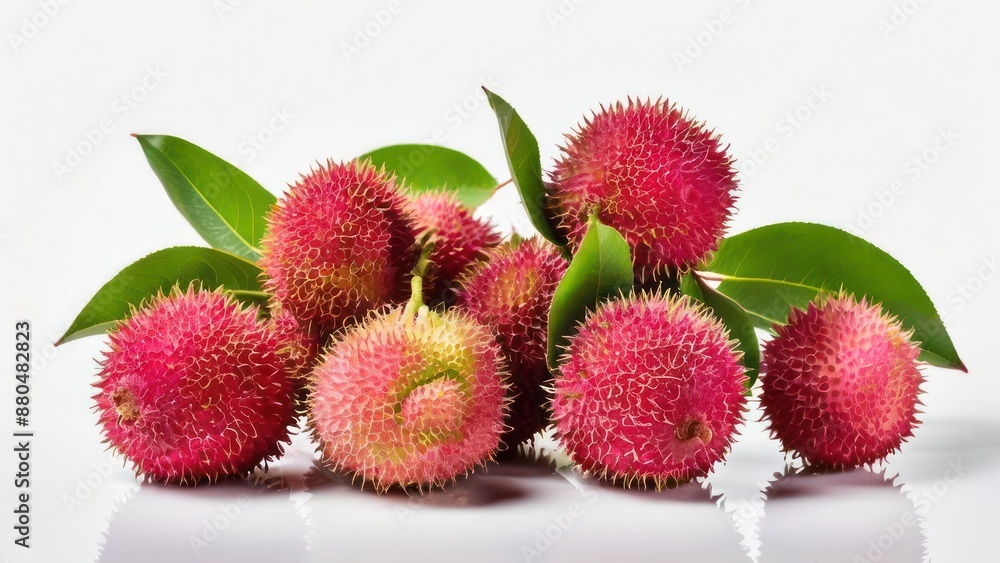 arafish fruit with green leaves on a white surface arafish fruit with green leaves on a white surface