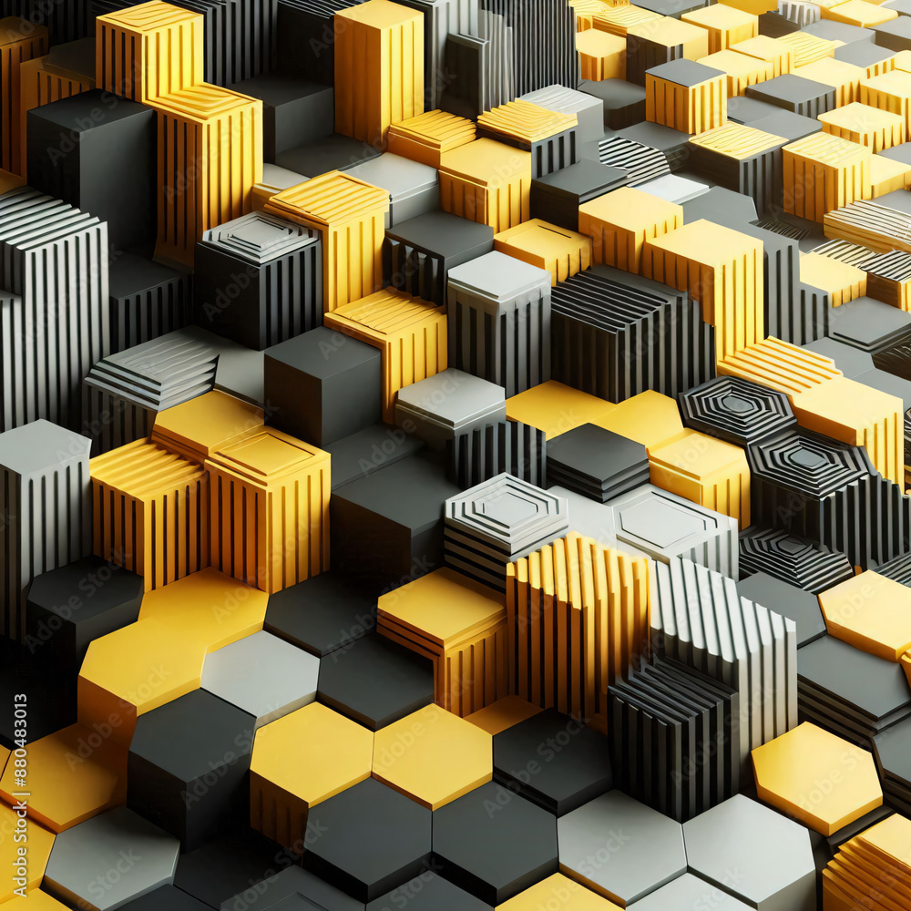 Hexagonal Yellow Pattern Hexagonal pattern with yellow and black 3d shapes, abstract geometric ...