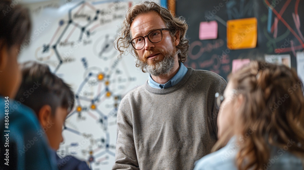 A teacher with a beard, wearing a grey sweater, stands in front of three students, interacting with them. The students are listening intently A teacher with a beard, wearing a grey sweater, stands in front of three students, interacting with them. The students are listening intently