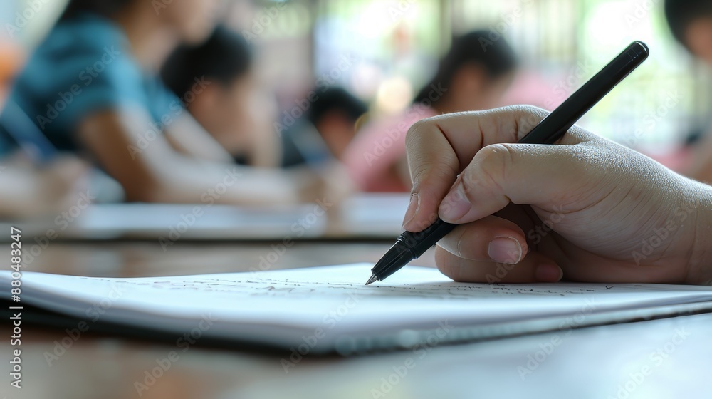 Students performing an educational test, thinking hard, writing answers in a classroom for university admissions and World Literacy Day Students performing an educational test, thinking hard, writing answers in a classroom for university admissions and World Literacy Day