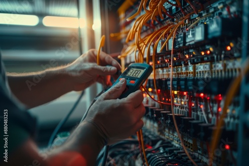 A multimeter tester is used by the electrician in the control panel to measure voltage. photo