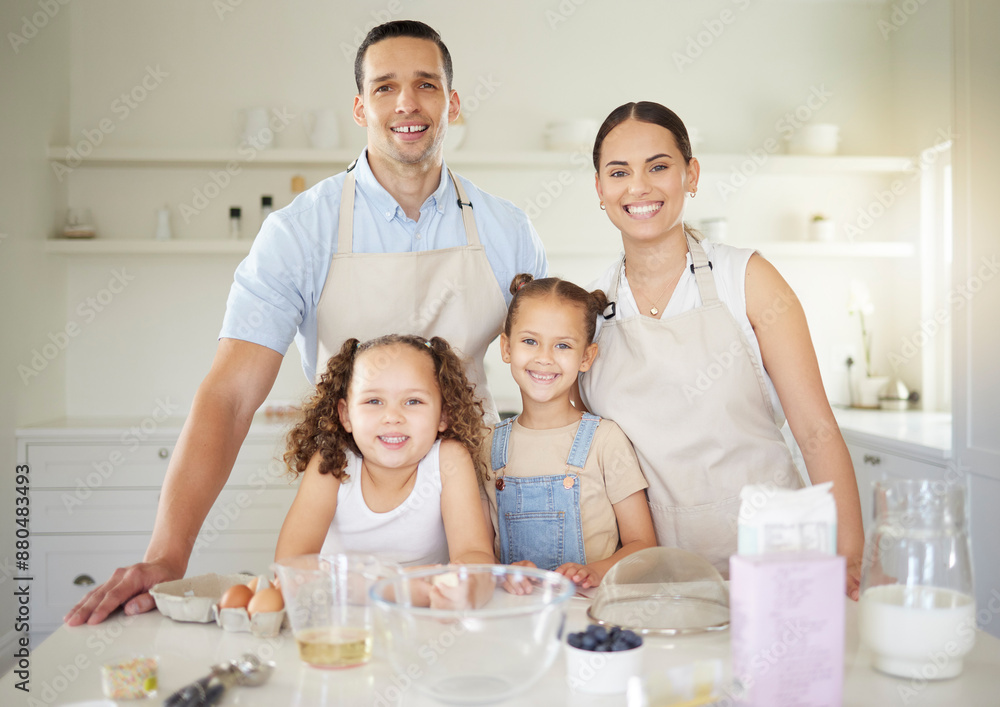 Family, portrait and baking in kitchen for bonding, teaching and learning with smile, flour and bowl. Mother, children and man in house for cooking, support and development with eggs, milk and oil Family, portrait and baking in kitchen for bonding, teaching and learning with smile, flour and bowl. Mother, children and man in house for cooking, support and development with eggs, milk and oil
