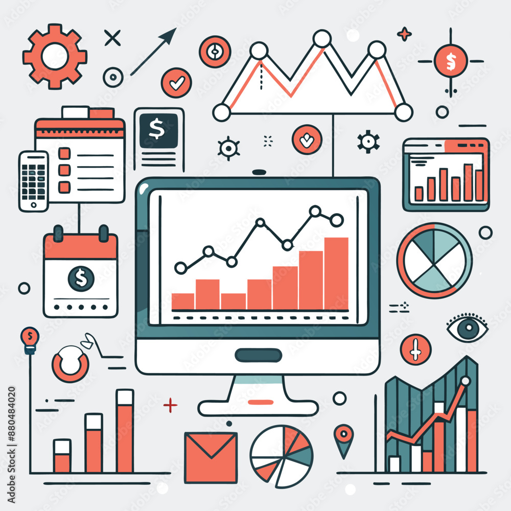 Obraz premium Illustration of digital marketing and sales, website traffic growth with magnifying glass on computer screen showing graphs and icons representing global online market place for advertising.