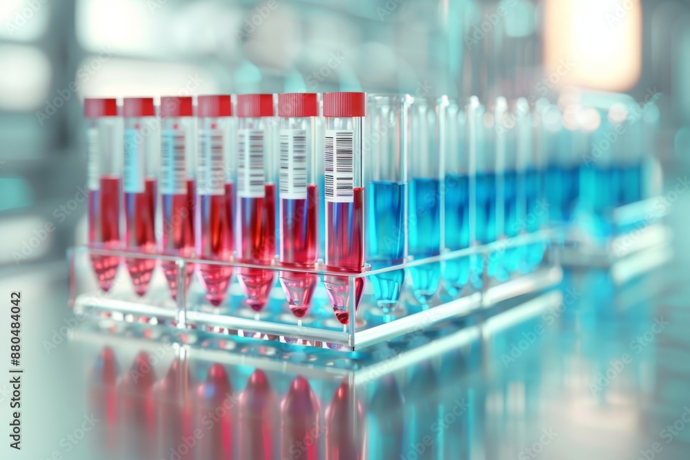 The rows of human blood samples in a medical laboratory are ready for testing. 3D illustration of healthcare background. The rows of human blood samples in a medical laboratory are ready for testing. 3D illustration of healthcare background.