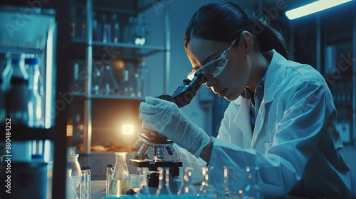 An individual looking at a test tube of a clear solution in a laboratory