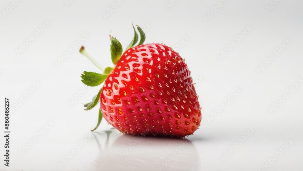 araffe strawberry with green leaves on white surface with reflection araffe strawberry with green leaves on white surface with reflection