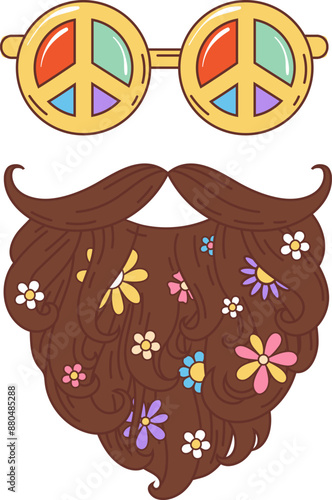 Groovy cartoon retro hippie sunglasses with peace signs and beard in daisy flowers, vector 70s symbol. Groovy cartoon psychedelic emoji face with eyewear glasses and hippie mustaches in flowers