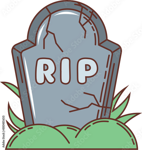 Cartoon retro groovy Halloween cemetery tomb, grave stone. Isolated vector graveyard building. Old cracked gravestone mausoleum, old memorial with RIP engraving. Ancient horror gothic tombstone