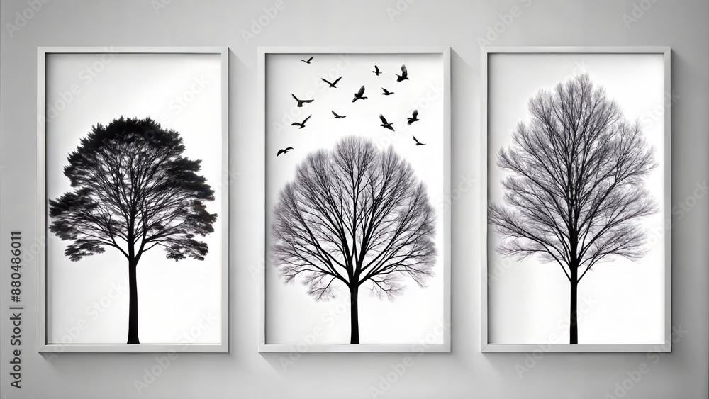 Obraz premium set of three vertical poster, minimalist black shape art tree and bird, isolated on white background