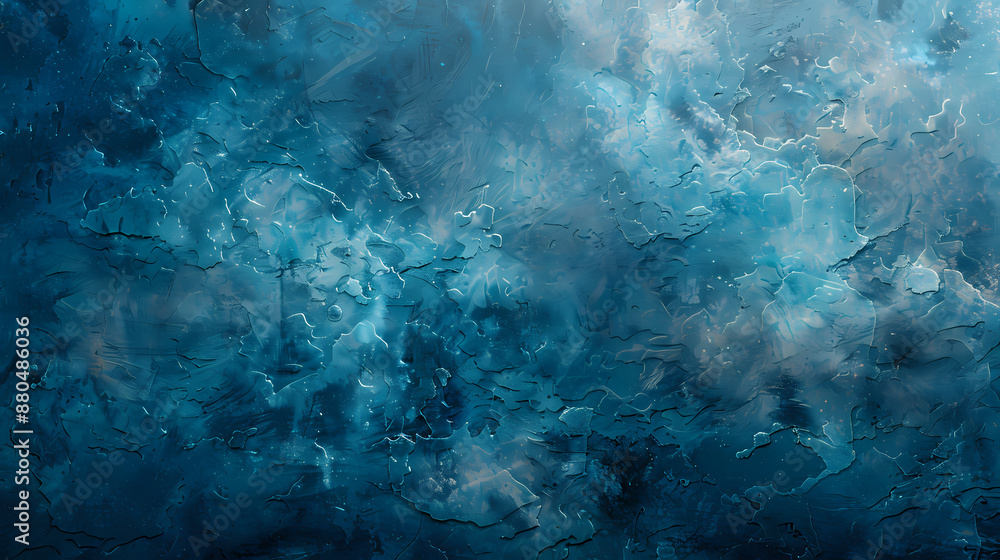 Obraz premium Abstract artistic painting with blue hues and textured, swirling patterns creating a mystical underwater effect.