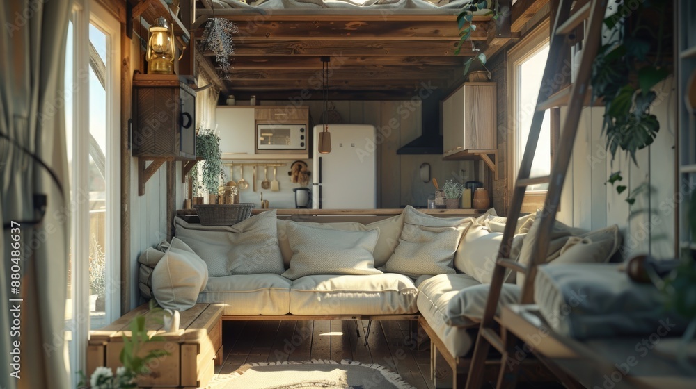 Cozy Rustic Cabin Interior with Plush Sofa and Natural Light Cozy Rustic Cabin Interior with Plush Sofa and Natural Light