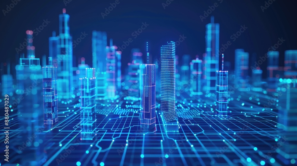 Futuristic Cityscape with Glowing Neon Lights and Digital Skyscrapers Futuristic Cityscape with Glowing Neon Lights and Digital Skyscrapers