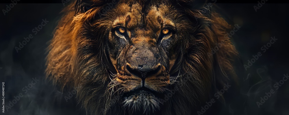 Naklejka premium Majestic lion's face with piercing eyes, flowing mane, and powerful muscles