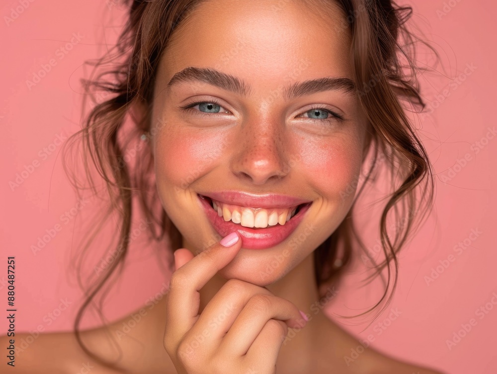 Radiant Young Woman Smiling on Pink Background Radiant Young Woman Smiling on Pink Background