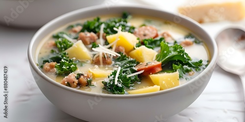 Creamy Italian Zuppa Toscana Soup with Sausage, Kale, Potatoes, and Parmesan on White. Concept Italian Cuisine, Zuppa Toscana, Homemade Soup, Comfort Food, Creamy Dish