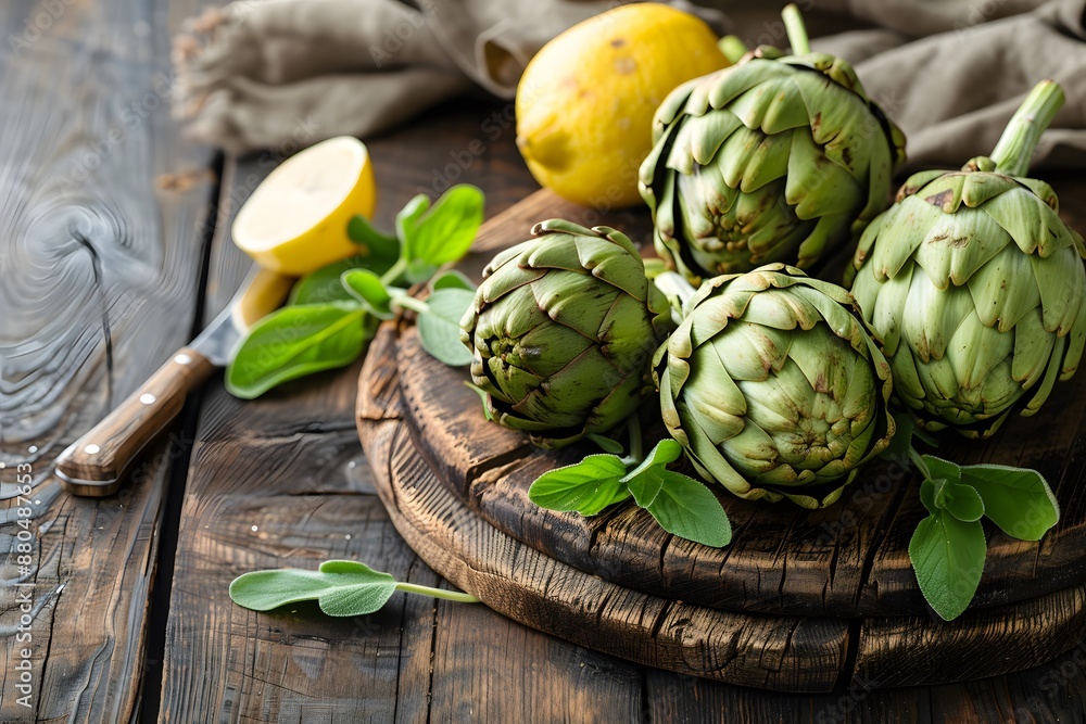 Obraz premium Fresh Artichokes and Lemons on Rustic Wooden Table