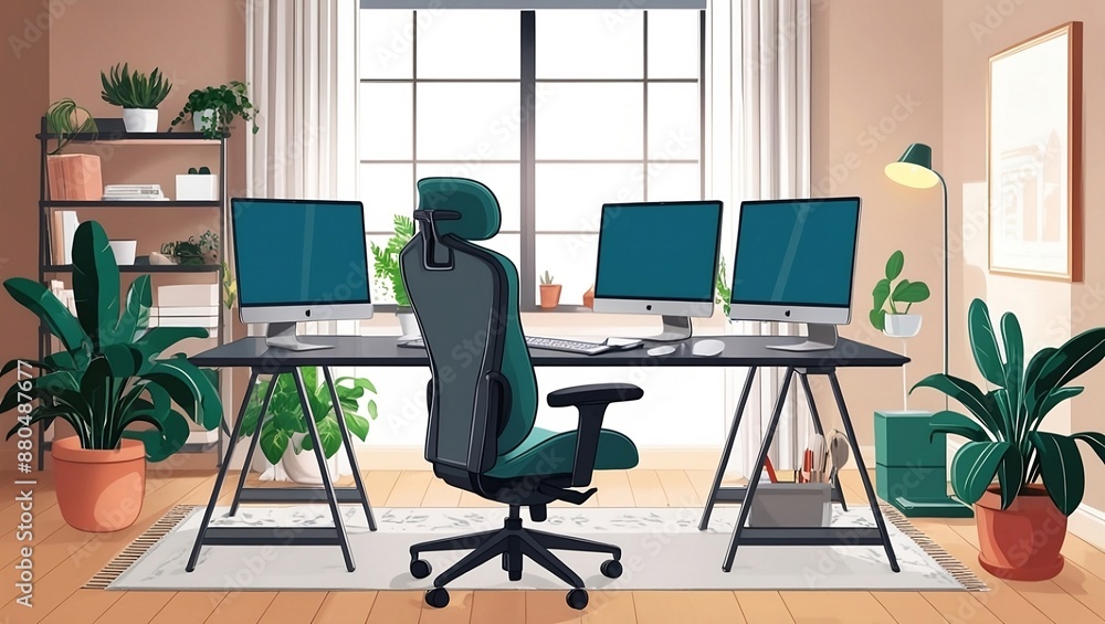 Modern Home Office Setup with Dual Monitors and Ergonomic Furniture Modern Home Office Setup with Dual Monitors and Ergonomic Furniture