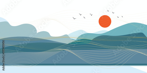 Mountain background vector. Minimal landscape art with watercolor brush and golden line art texture. Abstract art wallpaper for prints, Art Decoration, wall arts and canvas prints.