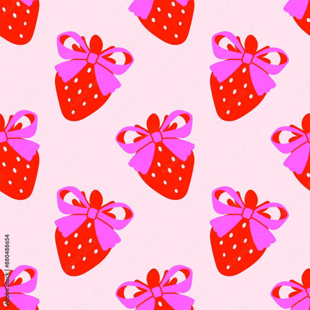 Seamless pattern with red strawberries and pink bows on a beige background. Girly background. Repeating print for fabric, wrapping paper, textile Seamless pattern with red strawberries and pink bows on a beige background. Girly background. Repeating print for fabric, wrapping paper, textile
