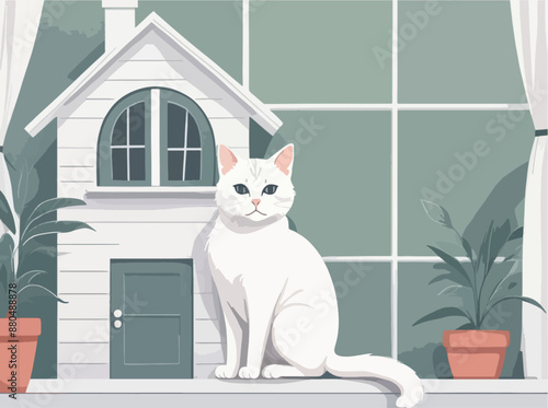 The cute white kitten of home is the mascot. Vector illustration.