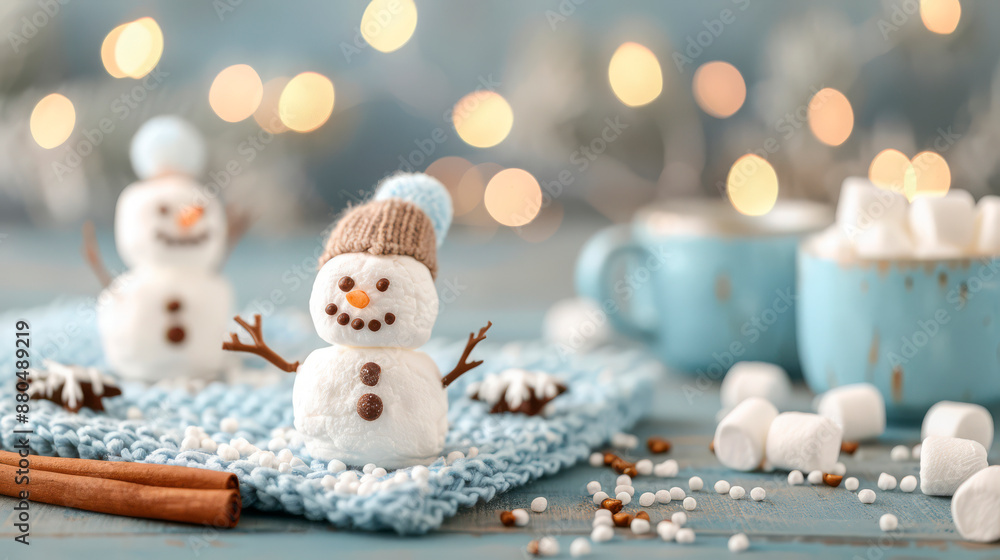 Obraz premium marshmallow snowmen with festive bokeh lights in the background, concept: holiday fun and winter treats, suitable for greeting card businesses and holiday-themed marketing