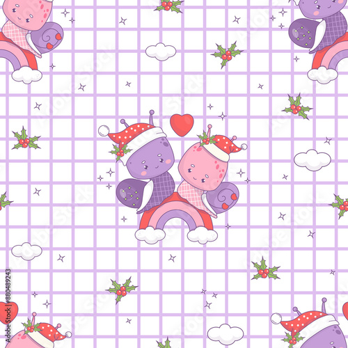 Seamless pattern with Christmas snail in Santa hat on rainbow