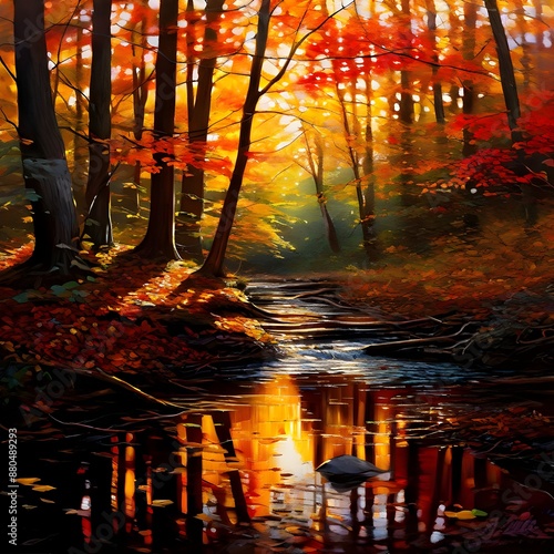 Autumn forest with orange-red colors, falling leaves and a stream in the center photo