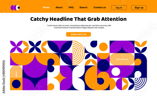 Landing page with orange, purple and black modern abstract geometric Bauhaus pattern. Social media homepage layout, company internet site landing page vector template with Bauhaus abstract pattern