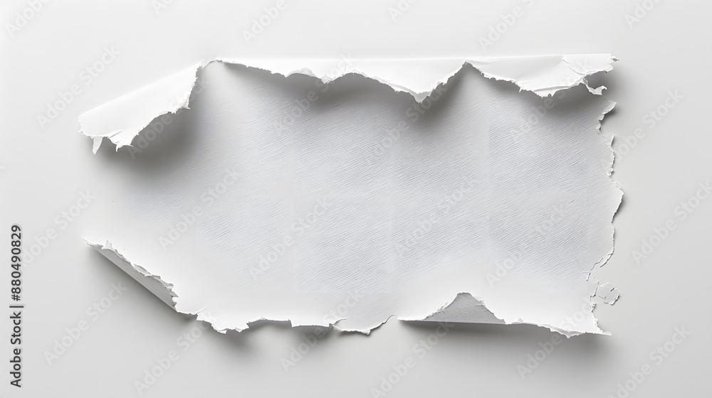 White sheet of paper with a large torn hole, white background White sheet of paper with a large torn hole, white background