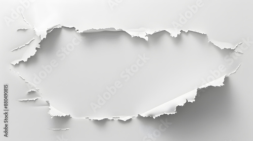 White sheet of paper with a large torn hole, white background