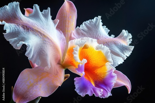 closeup of exquisite cattleya orchid bloom against black background delicate petals and vibrant colors showcased in stunning detail