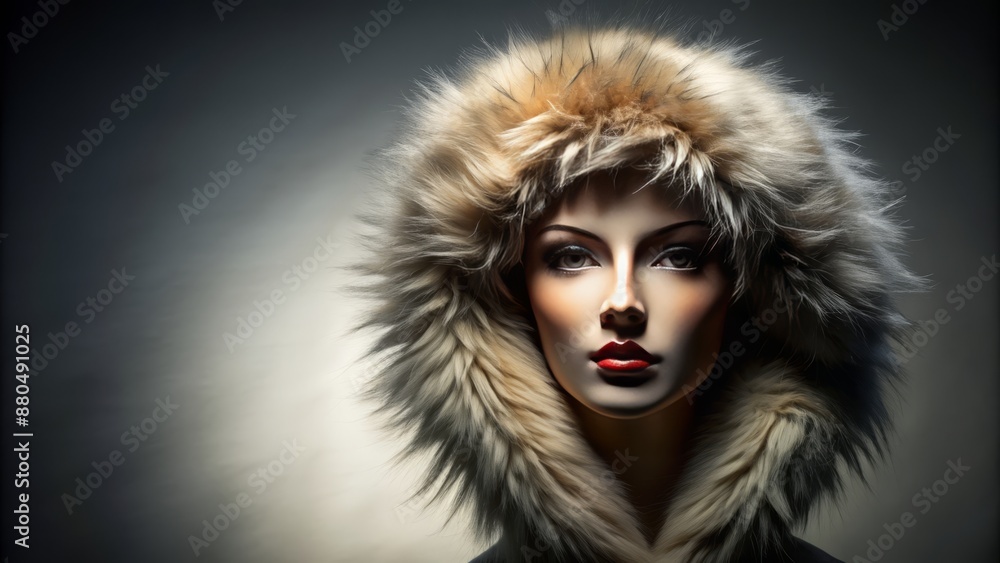 Isolated mannequin head in luxurious fur hood on a grey background with dramatic shadows and subtle lighting effects surrounding it. Isolated mannequin head in luxurious fur hood on a grey background with dramatic shadows and subtle lighting effects surrounding it.