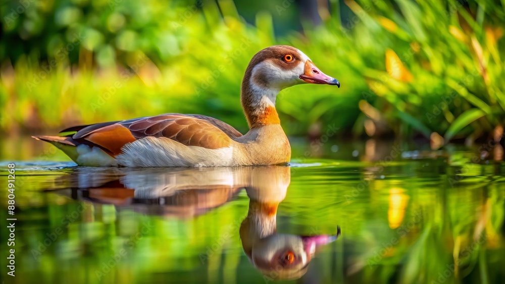 Serene juvenile Egyptian goose swims alone in tranquil Kent pond surrounded by lush vegetation with perfect mirror-like reflection. Serene juvenile Egyptian goose swims alone in tranquil Kent pond surrounded by lush vegetation with perfect mirror-like reflection.